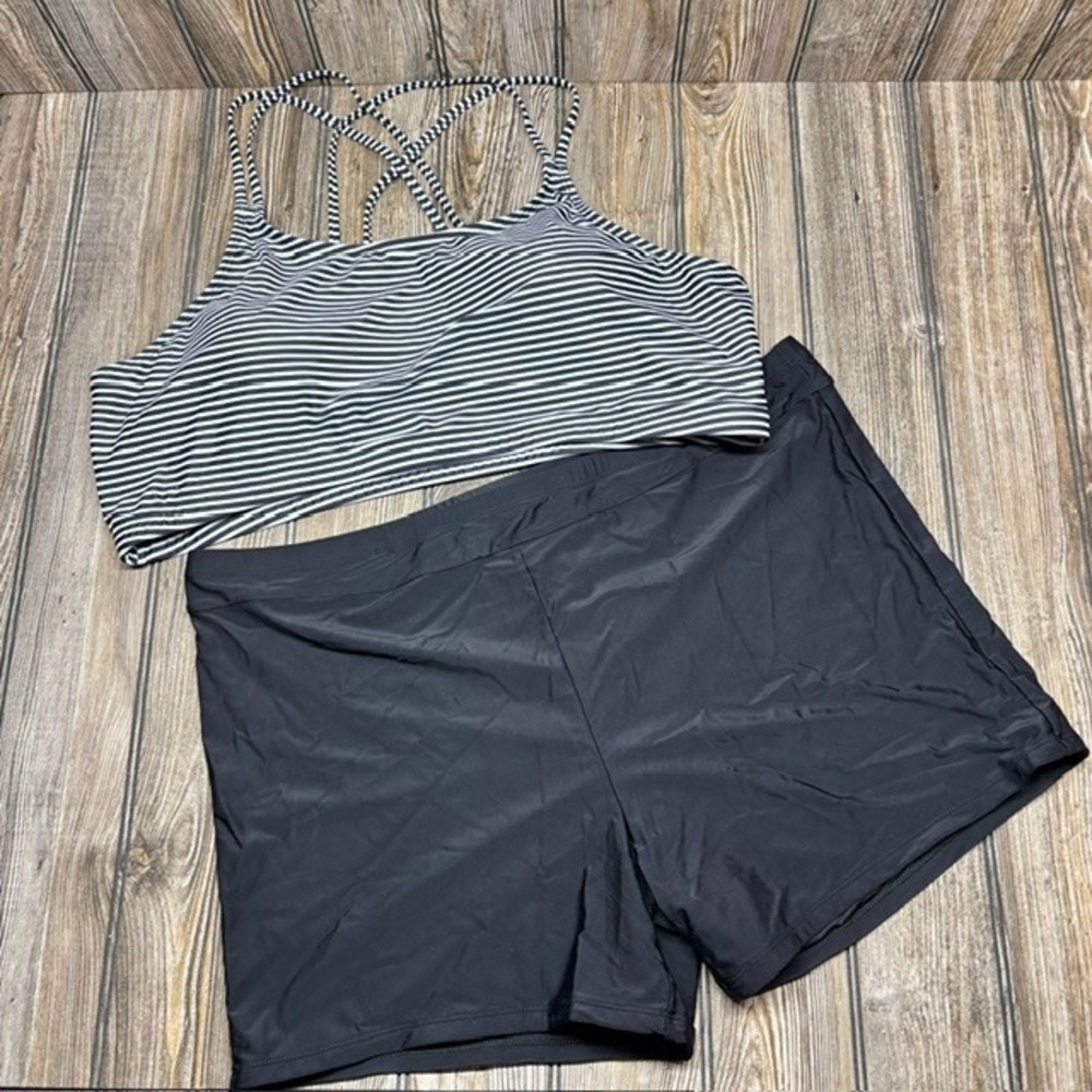 Holipick Womens 24W Tankini Swimsuit Set Striped Top Boy Shorts Black White